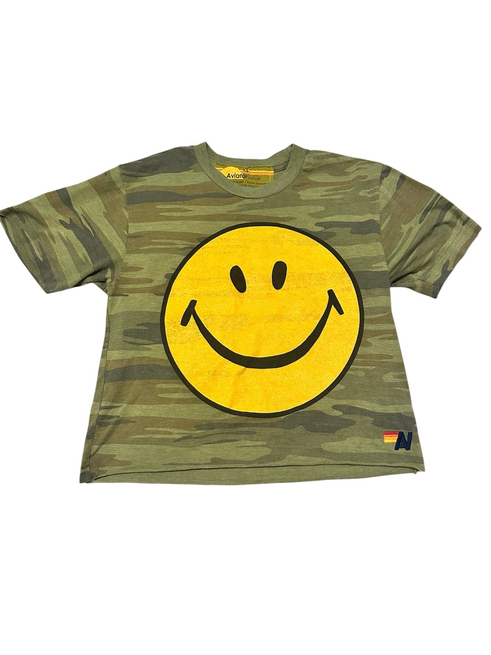 Aviator Nation Olive Camo Tee with Large  Smile Logo Size XS EUC